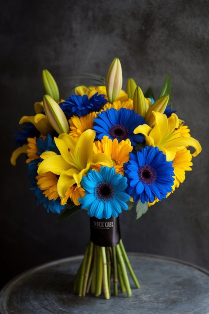 1. Bright Blue and Yellow Floral Wedding Bouquet