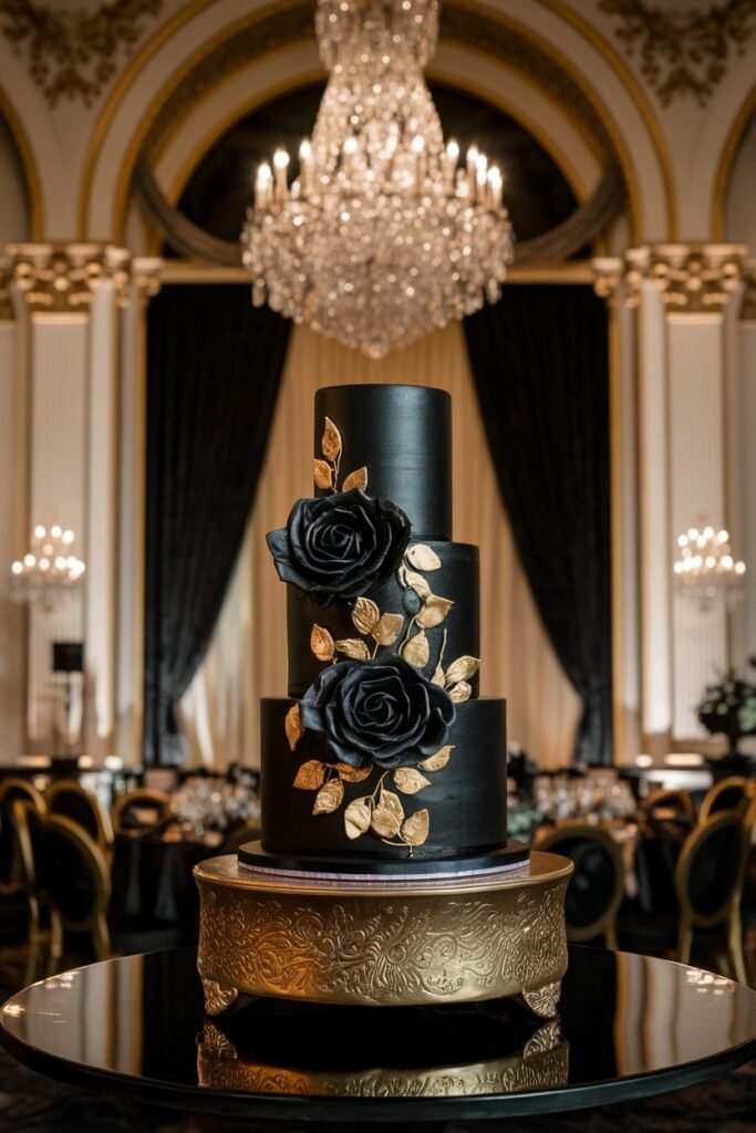 1. Elegant Black and Gold Wedding Cake with Roses