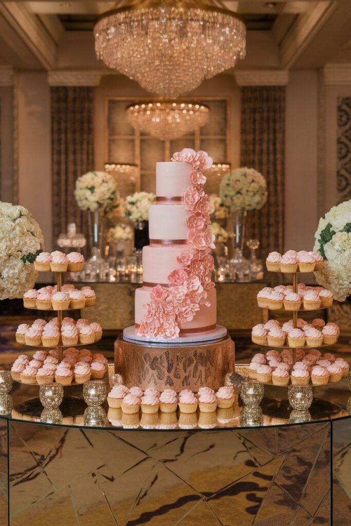10. Romantic Pink Wedding Cake with Floral Cupcake Tower
