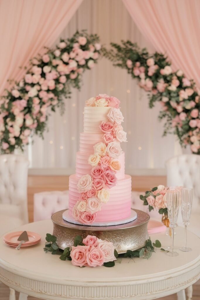 10. Soft Pink Wedding Cake with Cascading Roses