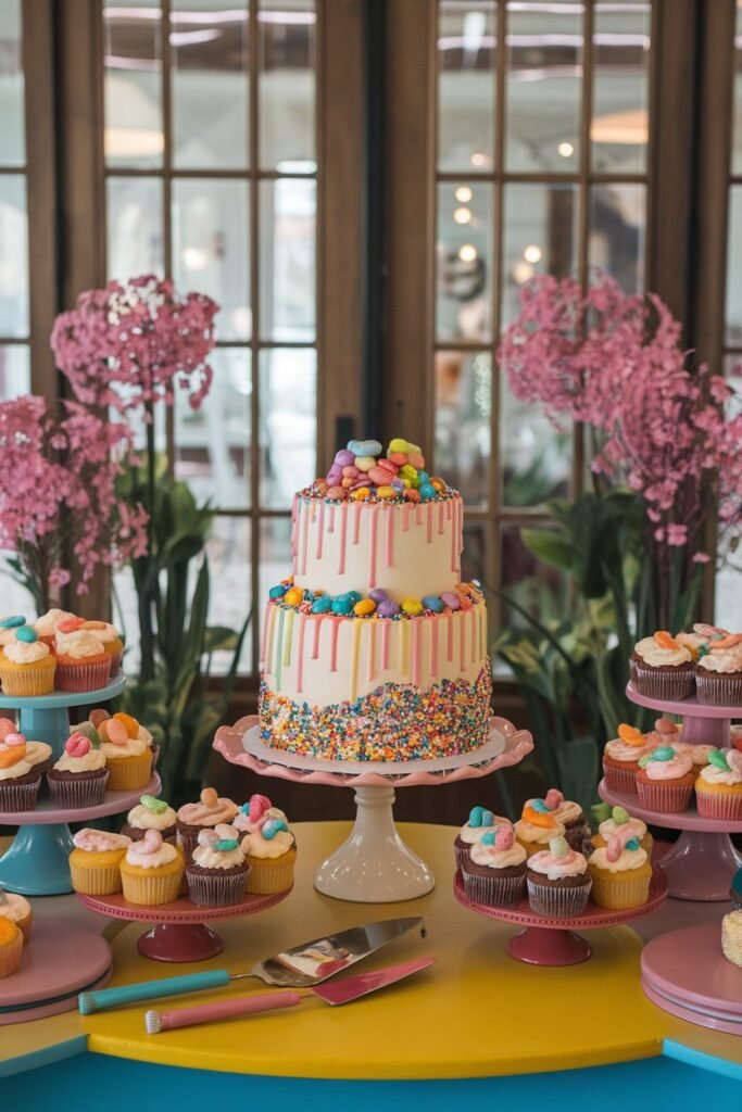 11. Colorful Candy Wedding Cake with Fun Cupcakes