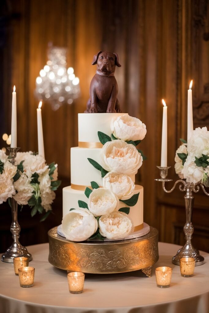 11. Ivory Cake with Bold Florals and Chocolate Dog Topper