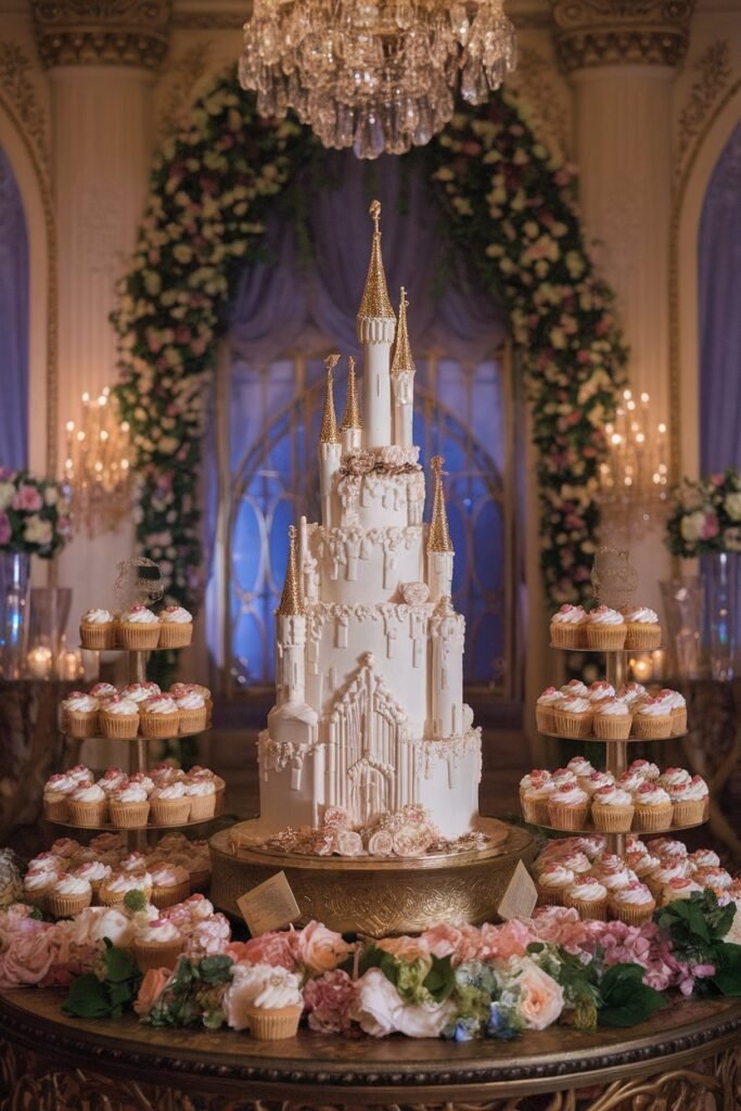 12. Fairytale Castle Wedding Cake with Elegant Cupcakes