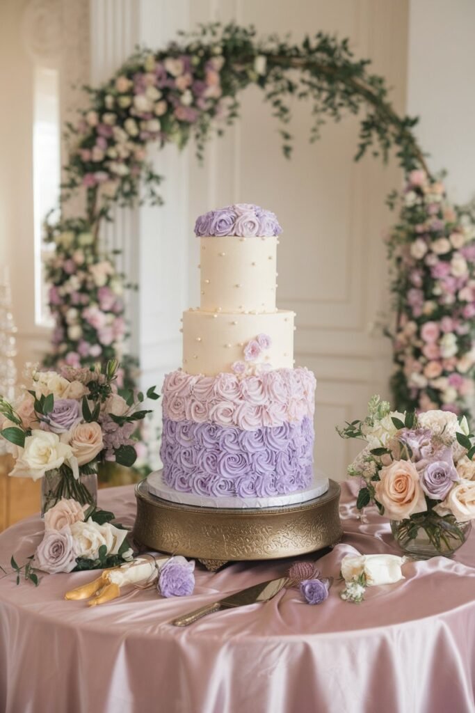 12. Lavender Rosette Wedding Cake with Pearls