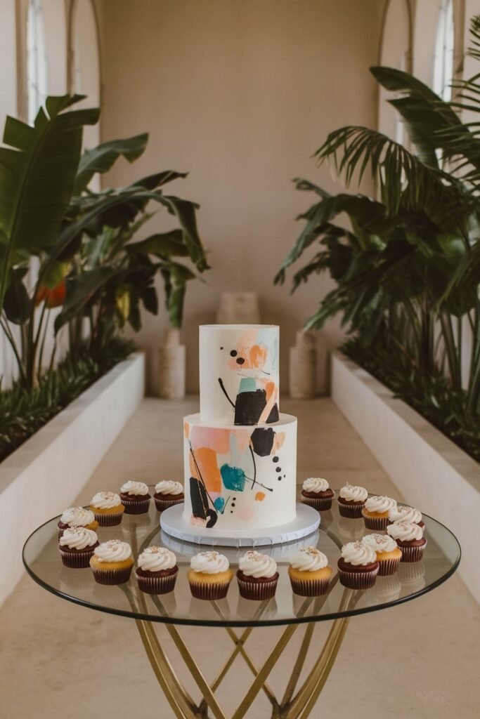 13. Modern Abstract Wedding Cake with Minimal Cupcakes