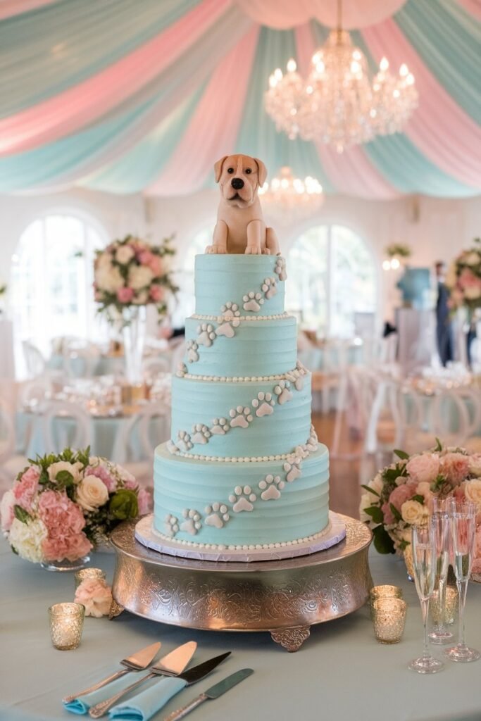 13. Sky Blue Cake with Puppy Paws and Labrador Topper