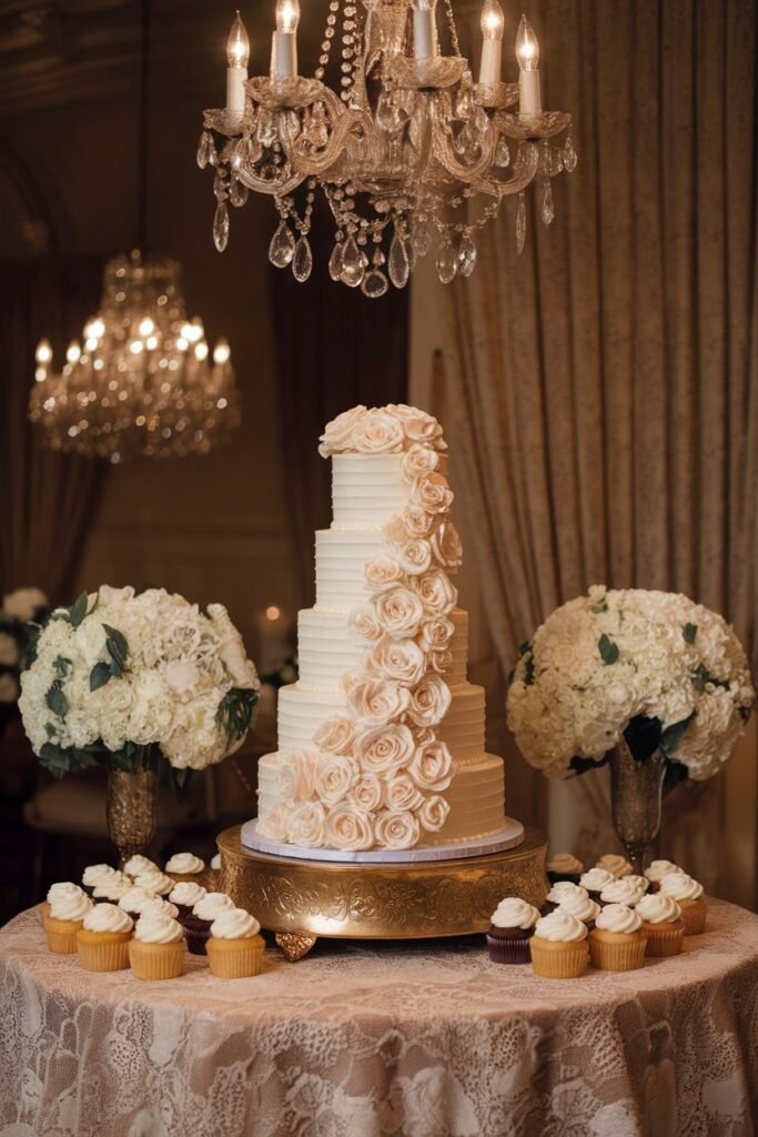 14. Classic Ivory Wedding Cake with Rose Cascade