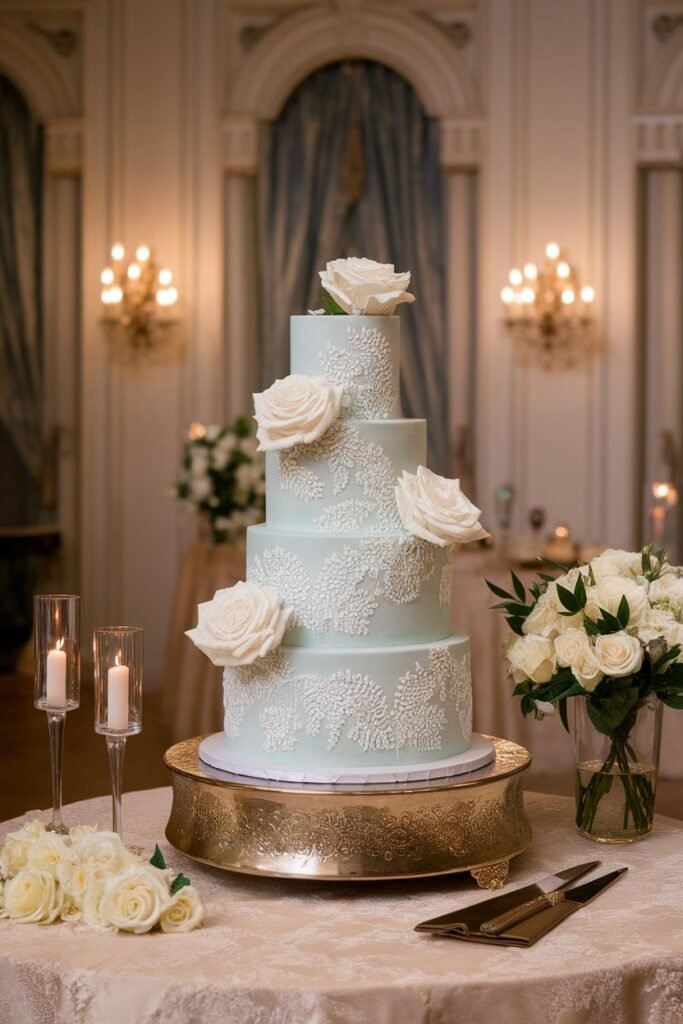 14. Delicate Blue Wedding Cake with White Roses