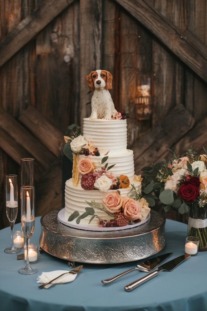 14. Rustic Cake with Floral Accents and Beagle Topper