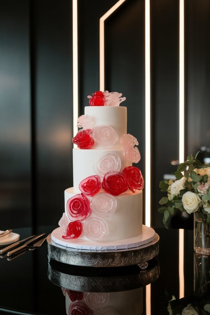 15. Modern White Cake with Red Sugar Roses