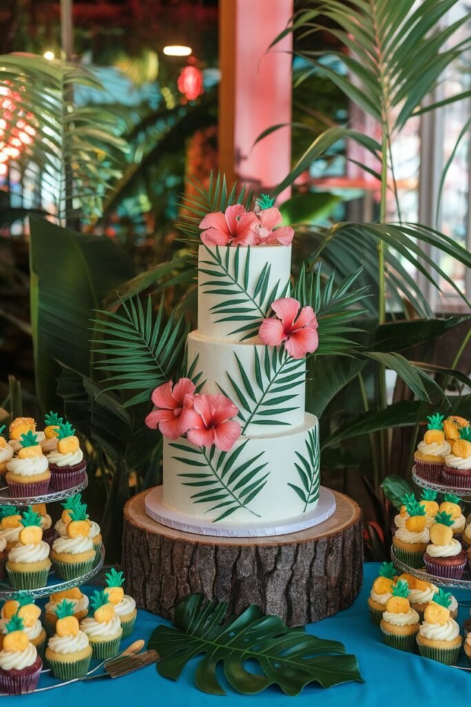 15. Tropical Wedding Cake with Hibiscus and Pineapple Cupcakes