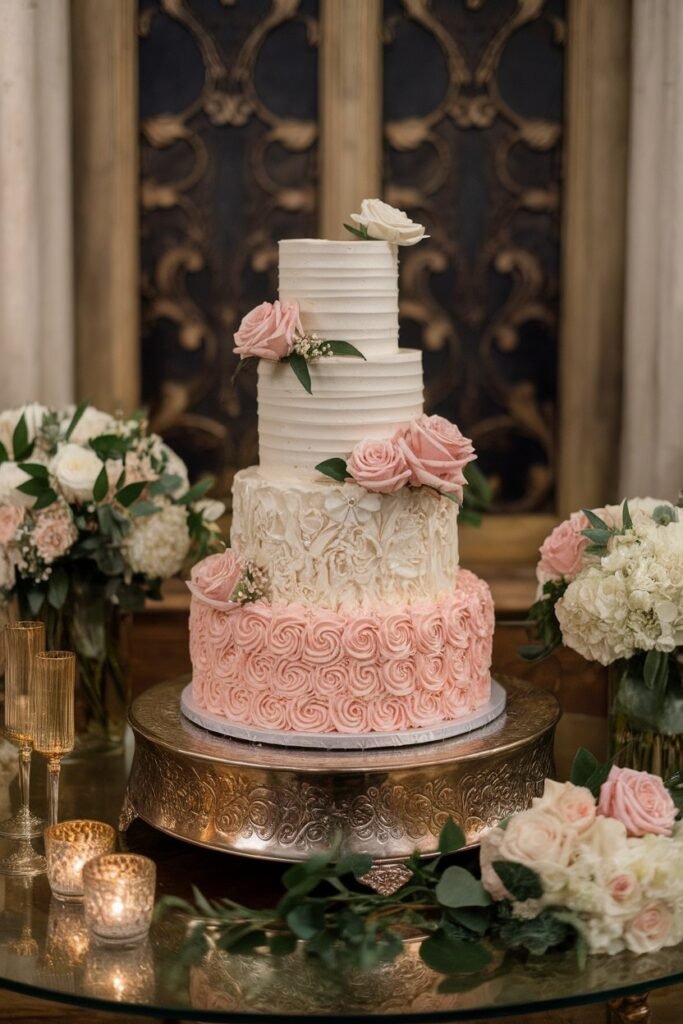 16. Elegant Tiered Cake with Pink Rosette Details