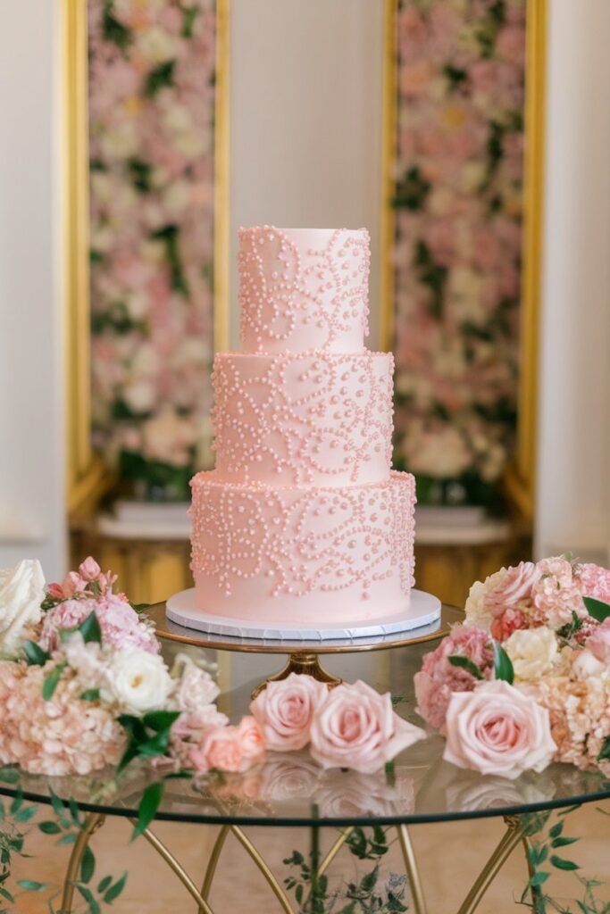 2. Delicate Pink Wedding Cake with Intricate Pearls
