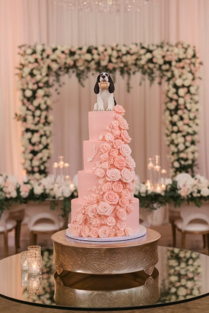 2. Charming Pink Wedding Cake with a Beagle Topper