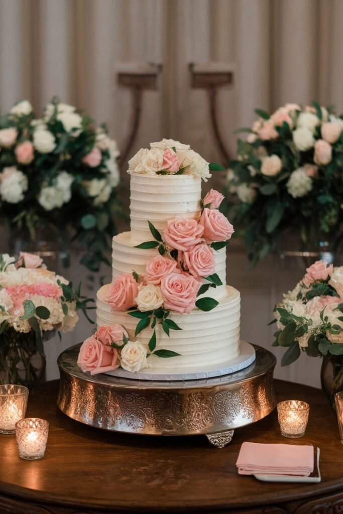 2. Classic White Cake with Pink and White Roses