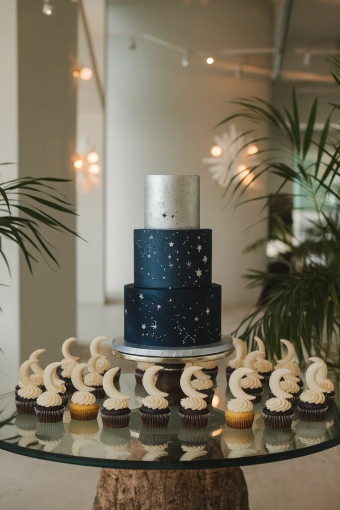 3. Celestial Wedding Cake with Moon Cupcakes
