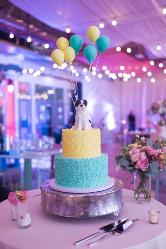 3. Bright Dog Cake with Balloons for a Fun Wedding Vibe