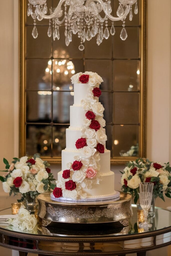 3. Stunning White Cake with Cascading Red Roses