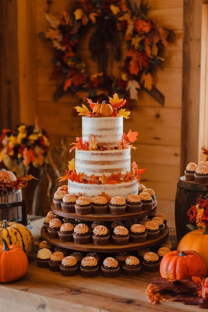 4. Rustic Fall Wedding Cake with Pumpkin Accents