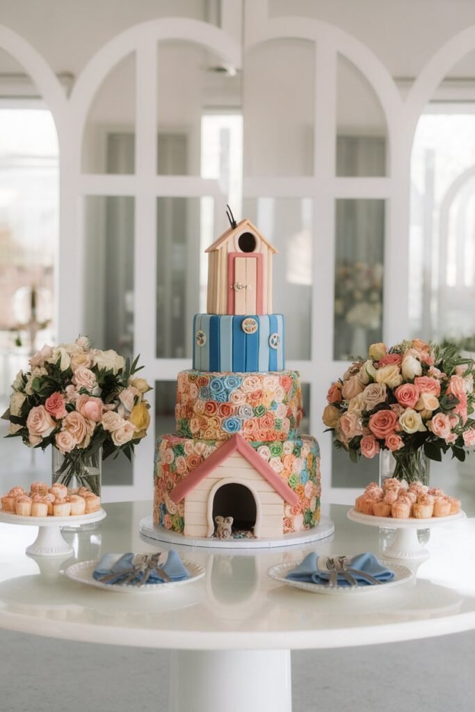 4. Doghouse-Themed Cake with Vibrant Floral Details