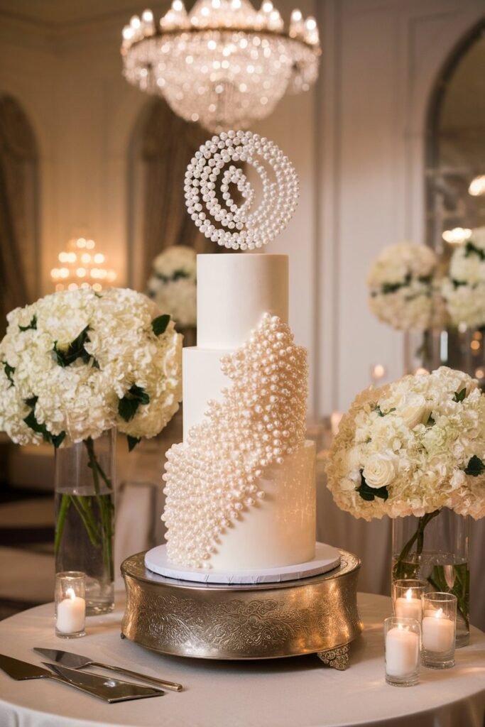 4. Elegant Wedding Cake with a Pearl Spiral Topper