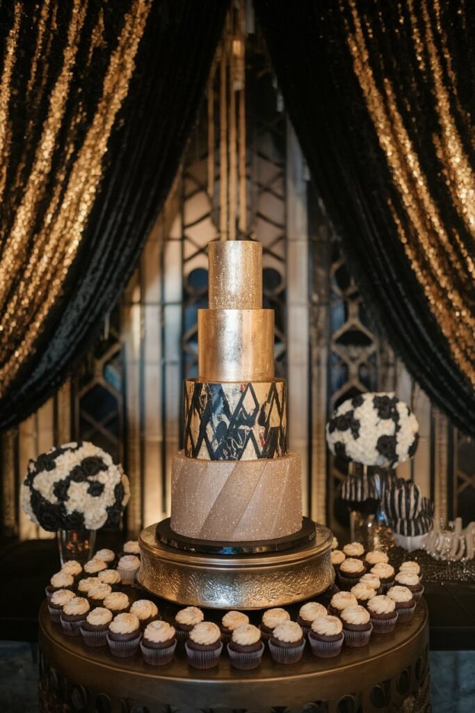 Glamorous Gold Wedding Cake with Cupcake Elegance