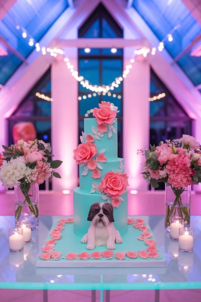 5. Aqua Blue Cake with Floral Elegance and Dog Design