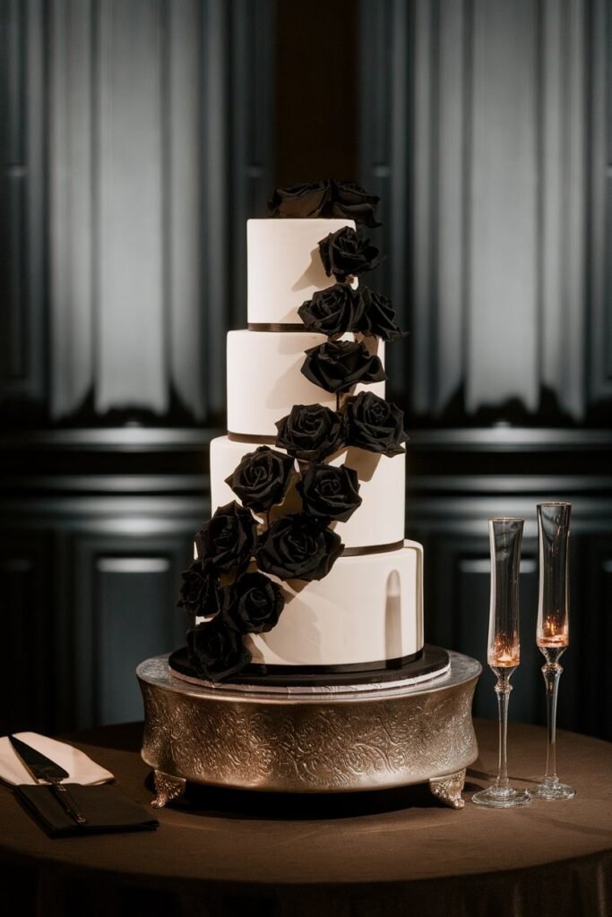 5. Black Rose Cascading White Wedding Cake