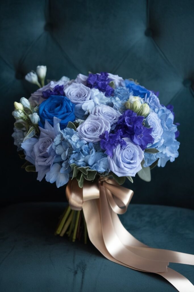 5. Luxurious Blue Bouquet with Satin Ribbon