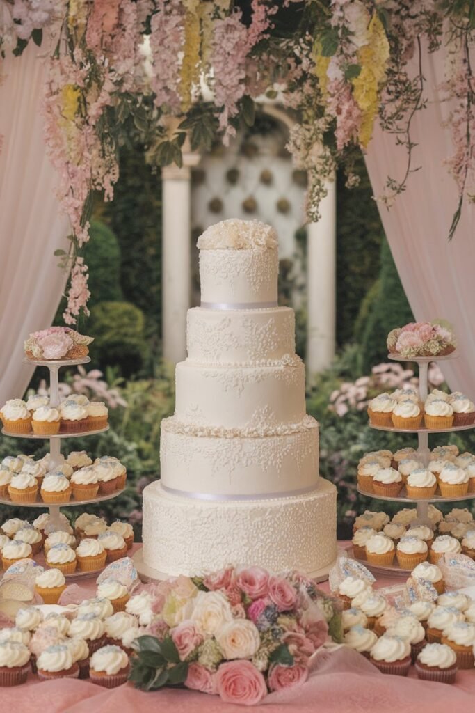 Elegant Floral Wedding Cake with Cupcake Tower