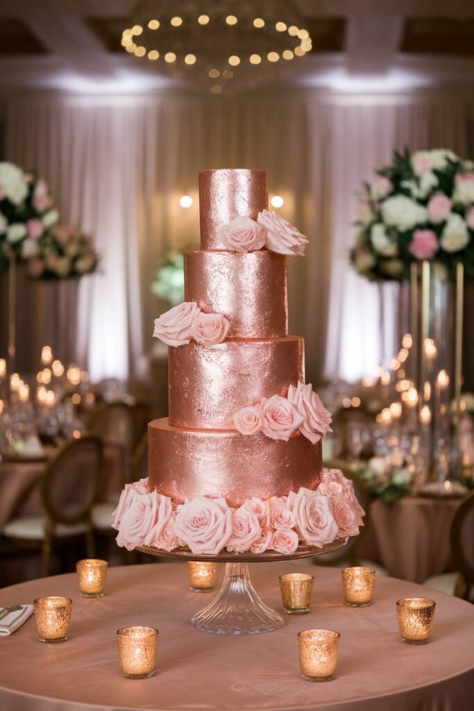 6. Rose Gold Cake with Soft Pink Roses