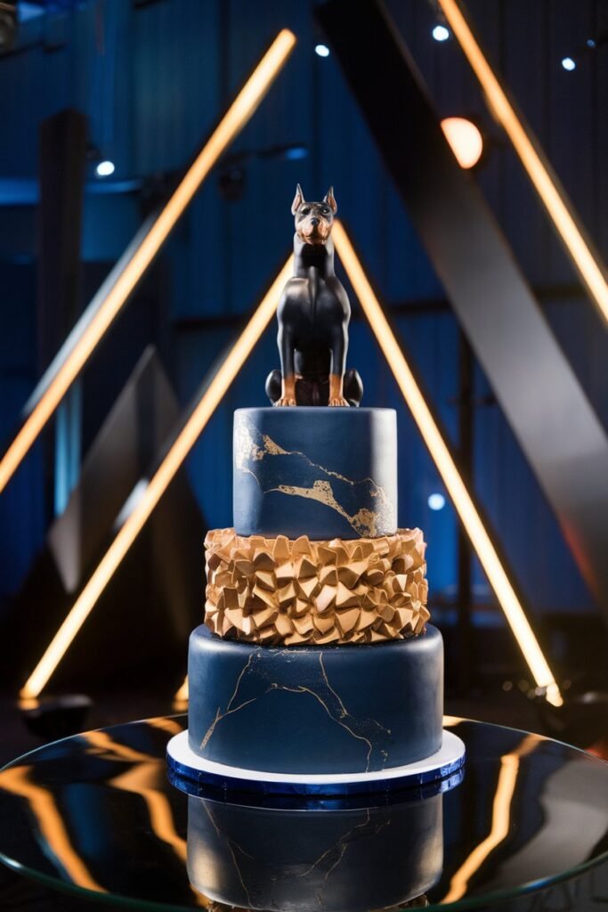 6. Sophisticated Black Cake with Doberman Topper