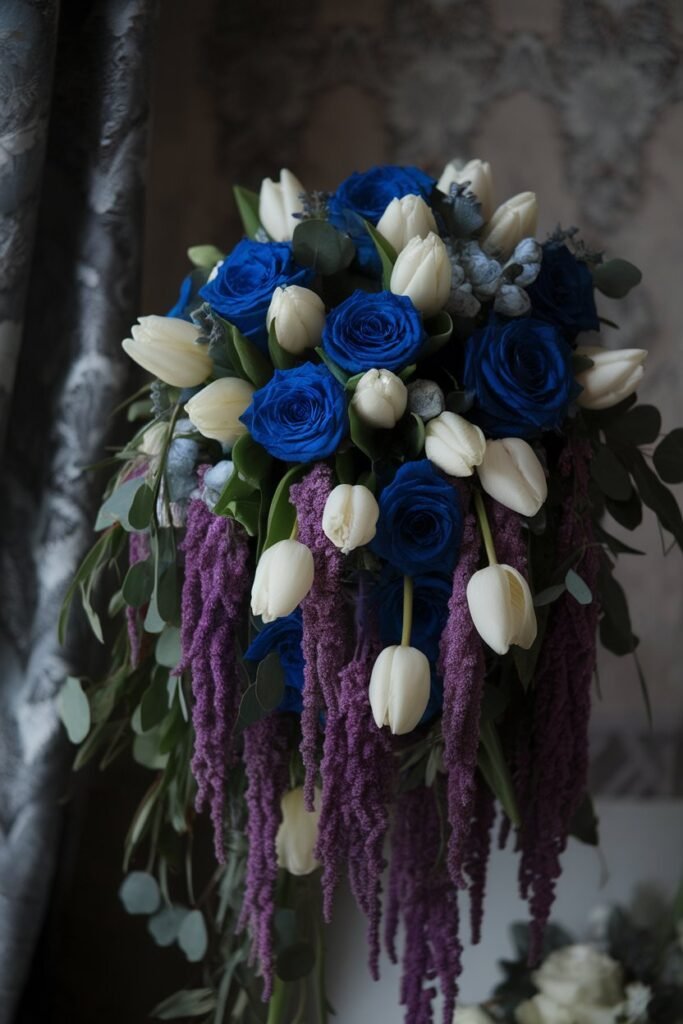 7. Cascading Bouquet with Blue Roses and Tulips