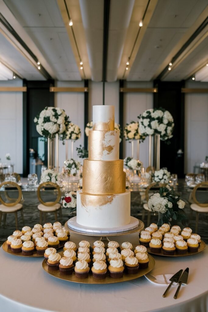 7. Minimalist Gold Wedding Cake with Classic Cupcakes