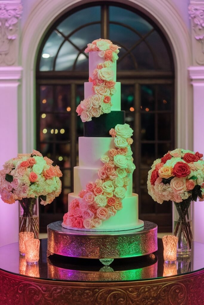 7. Vibrant Floral Cascade Wedding Cake