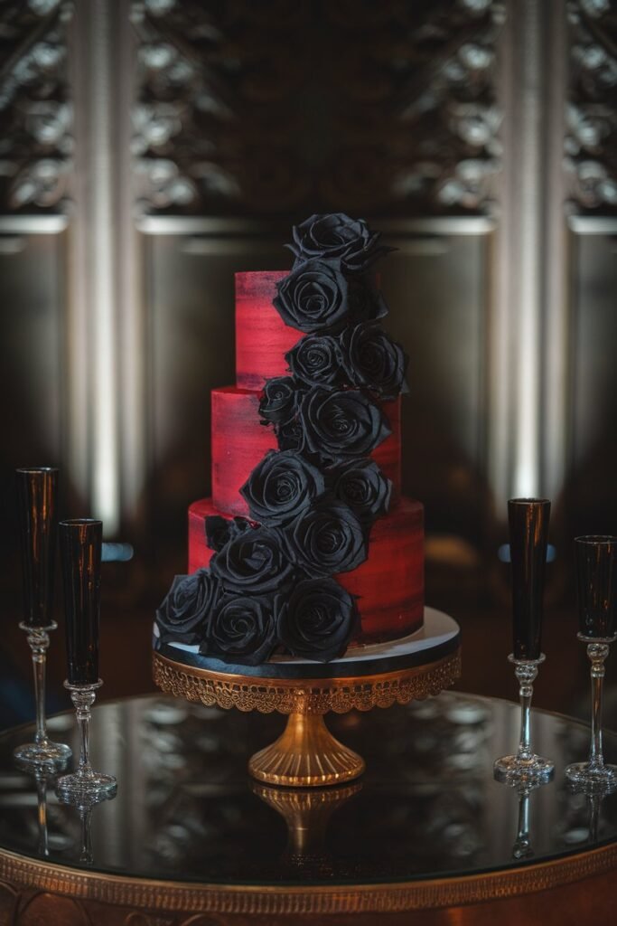 8. Dramatic Red and Black Rose Wedding Cake