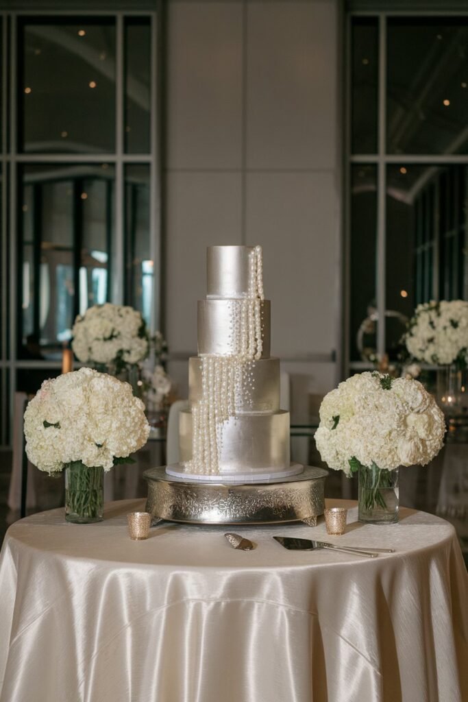 8. Graceful Pearl Cascade in Metallic Silver