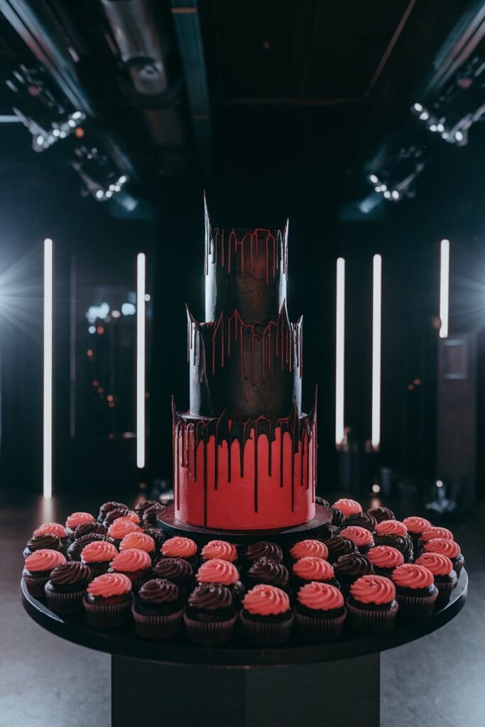 9. Bold Black and Red Drip Wedding Cake with Matching Cupcakes