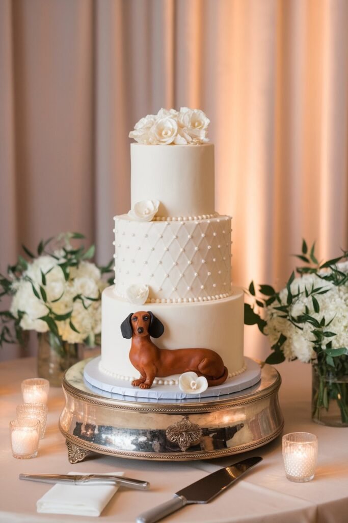 9. Elegant White Cake with Dachshund Accent