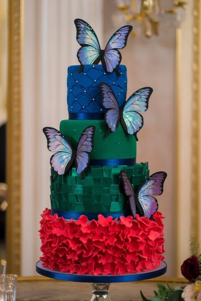 A Bold Wedding Cake with Vibrant Butterflies