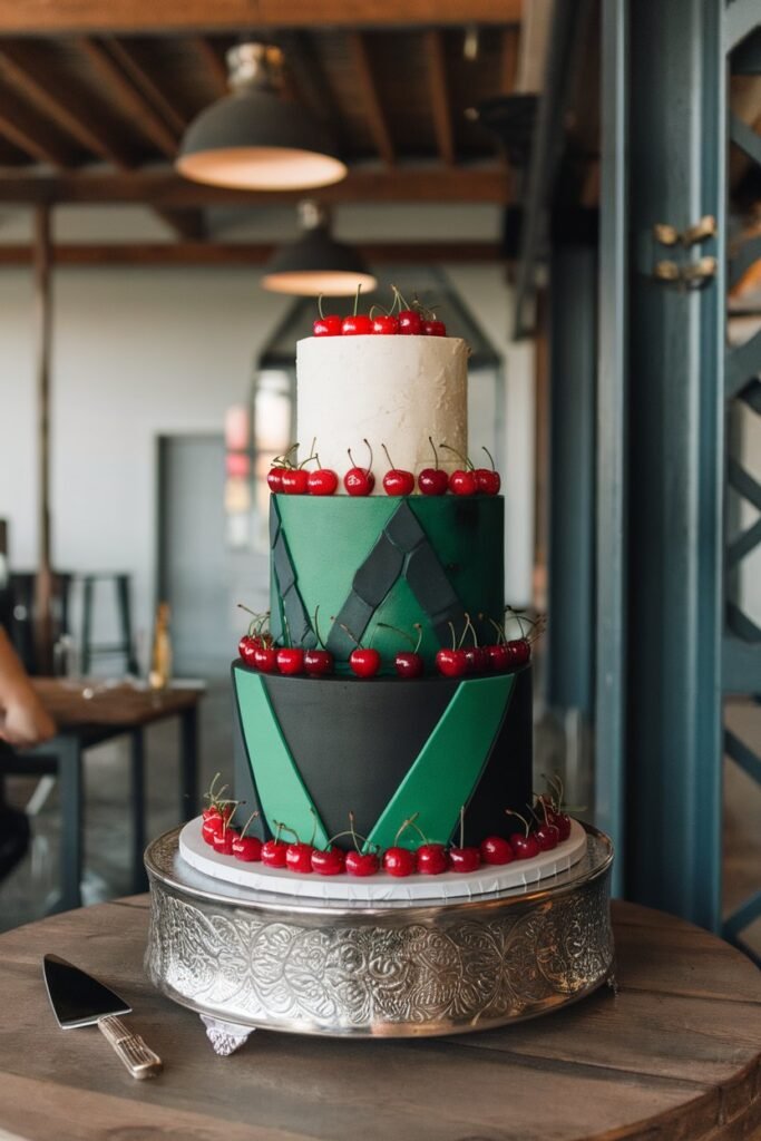 A Bold Green and Black Wedding Cake with Cherries