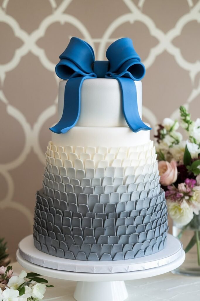 Ombre Gray Wedding Cake with Bold Blue Bow