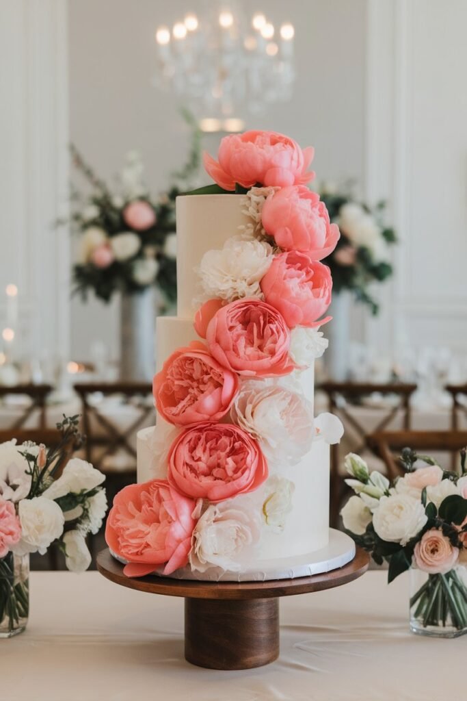 Elegant White Cake with Vibrant Peonies