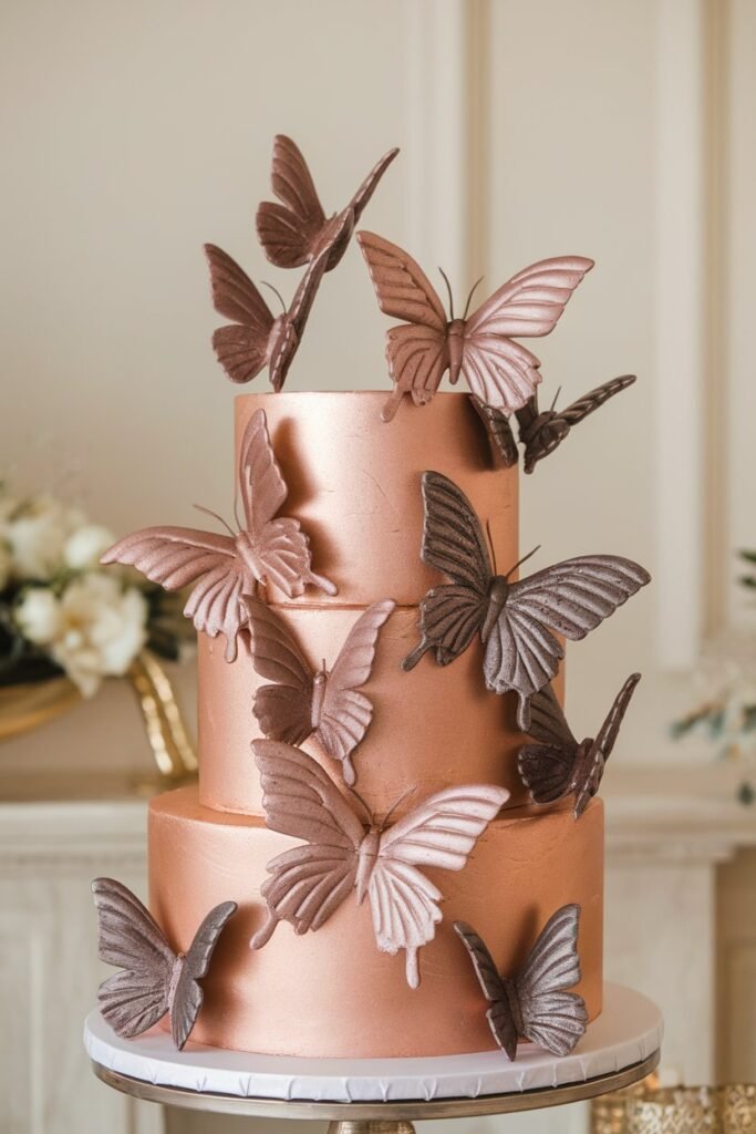 Metallic Rose Gold Wedding Cake with Bold Butterflies