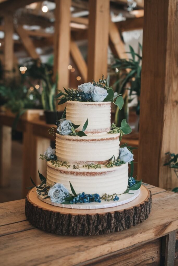 Rustic Wedding Cake with Blue Roses and Greenery