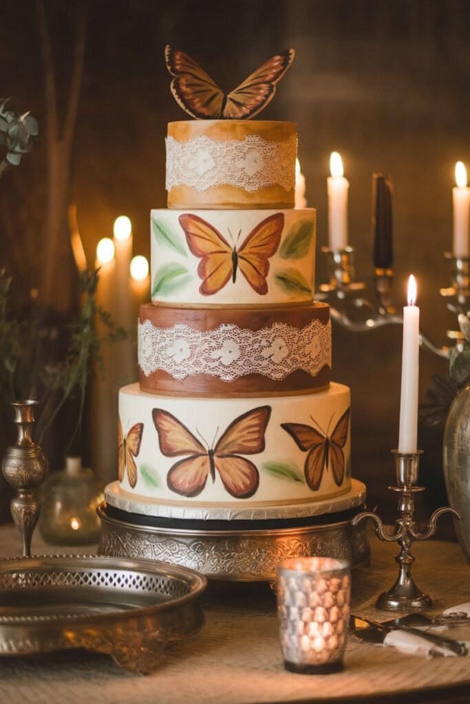 Vintage-Inspired Wedding Cake with Hand-Painted Butterflies