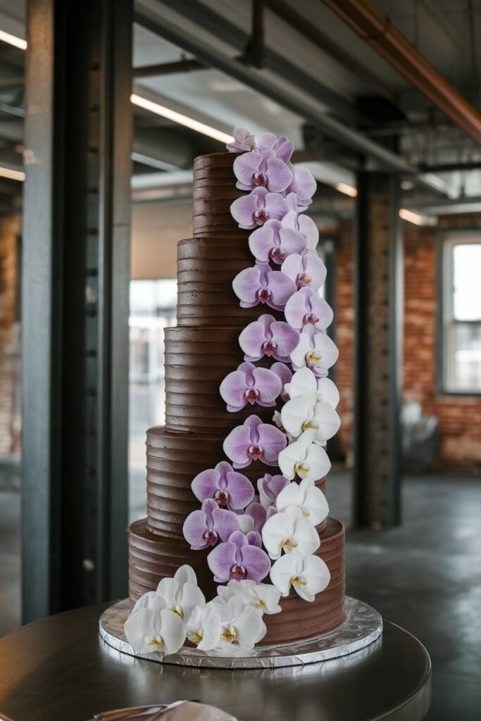 Chocolate Cake with Cascading Orchids