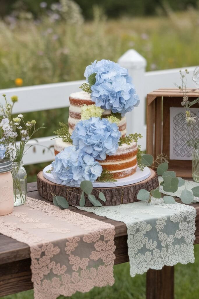 Rustic Naked Cake with Blue Hydrangeas