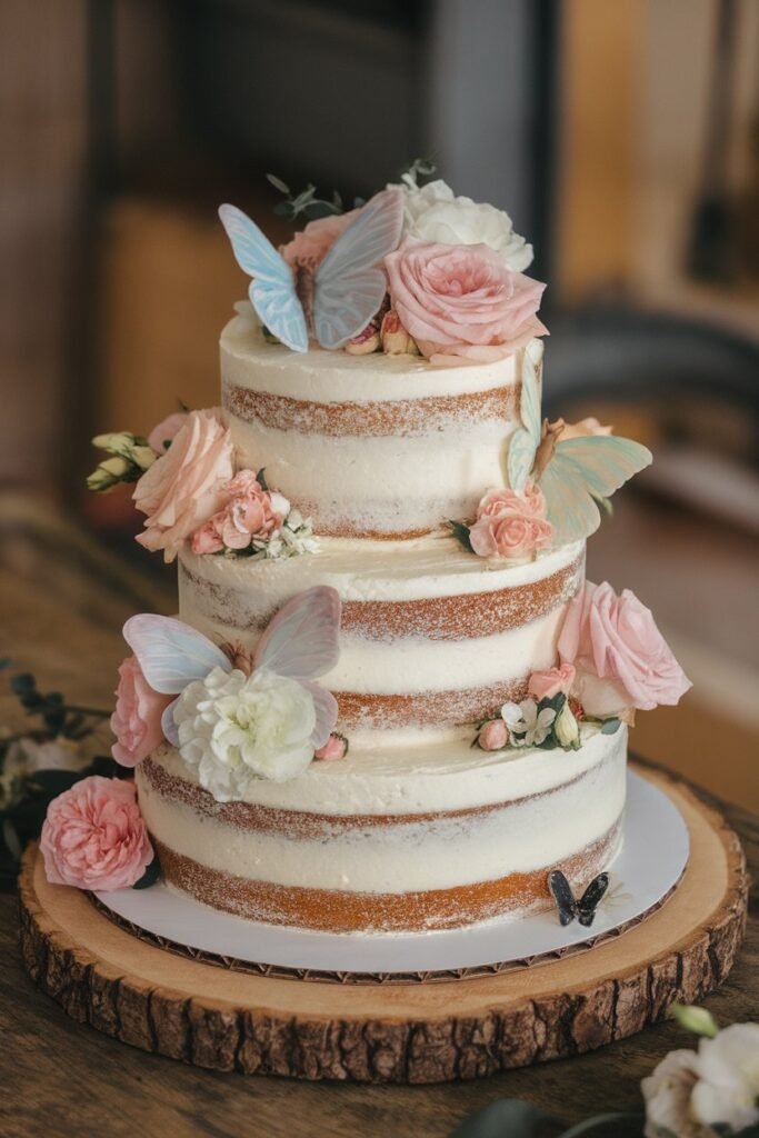 Rustic Naked Wedding Cake with Pastel Butterflies