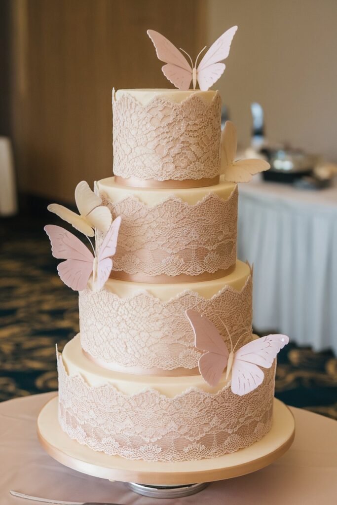 Romantic Lace Wedding Cake with Soft Pink Butterflies